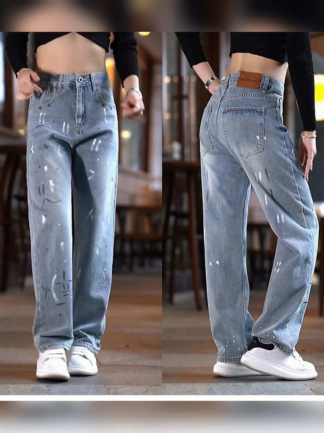 Women's summer high waist straight cut wide and flared jeans, blue, paint splatter pattern, slimming, loose fit, medium thickness, stretch