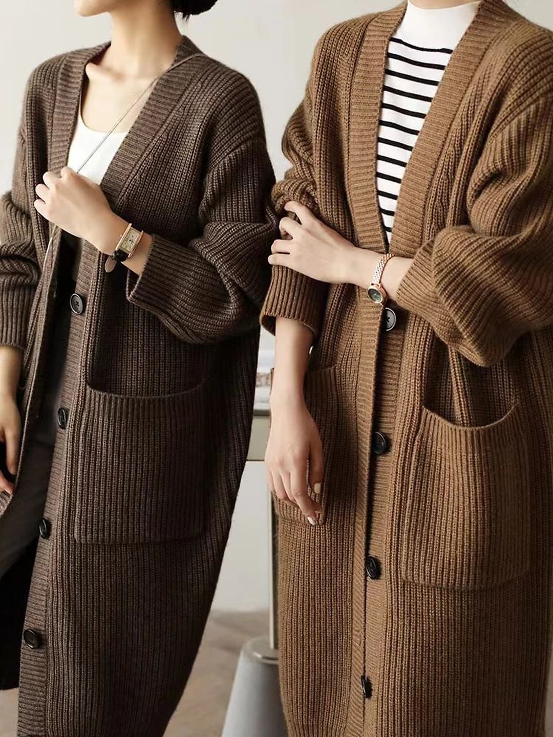 Women's autumn-winter retro knit cardigan, plus size, loose fit, mid-length, V-neck, long sleeve, solid colour, casual style