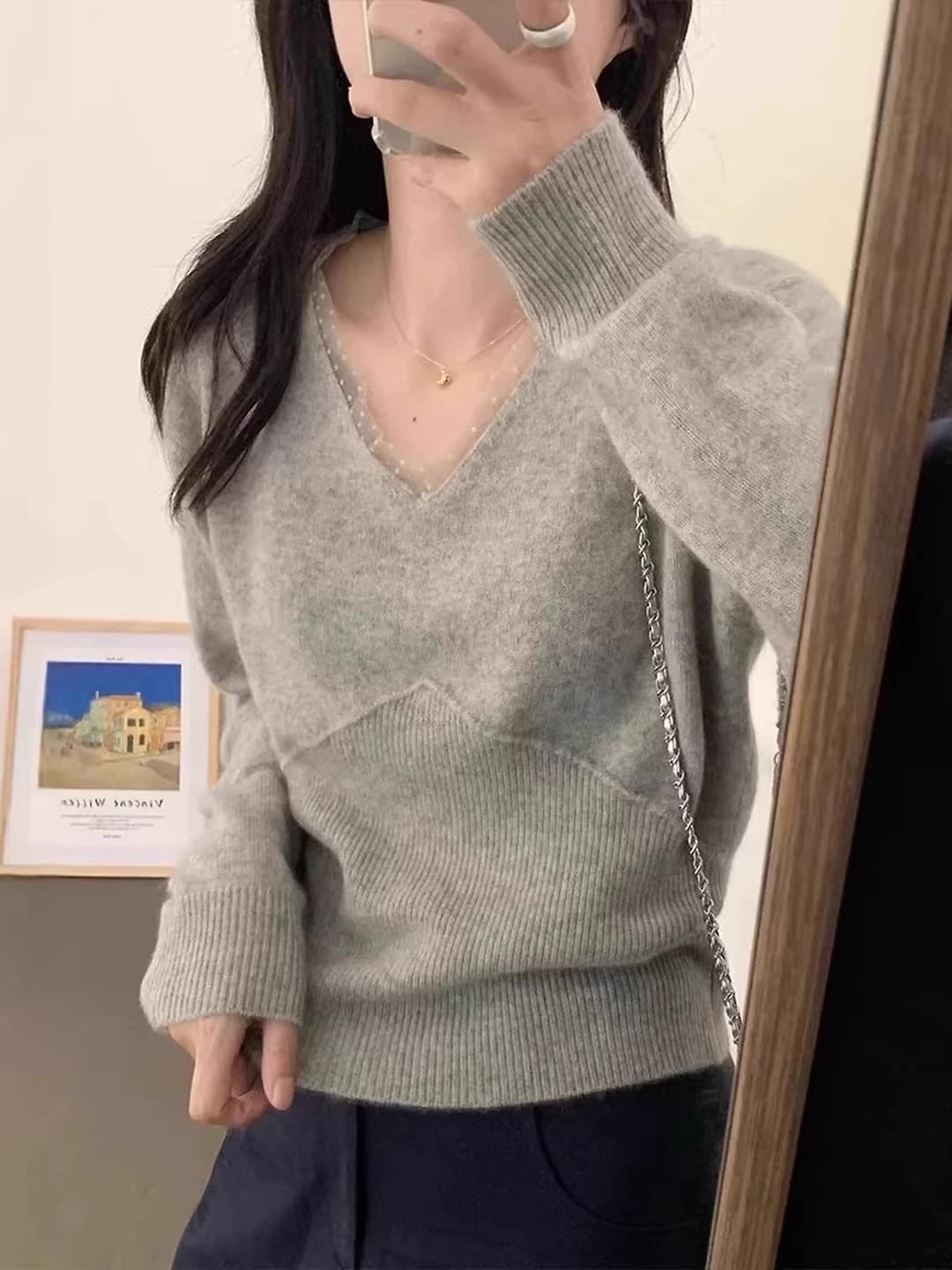 Women's spring-summer V-neck long-sleeve knit pullover sweater, slim fit, solid colour, wool