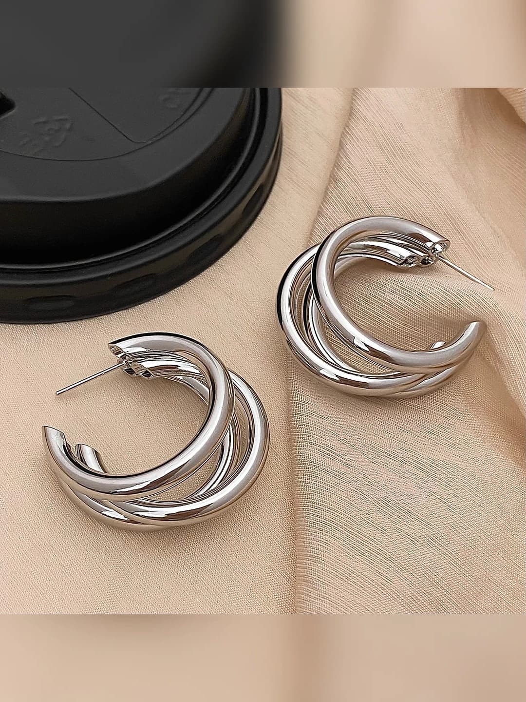 Silver large C-shape earrings, glossy