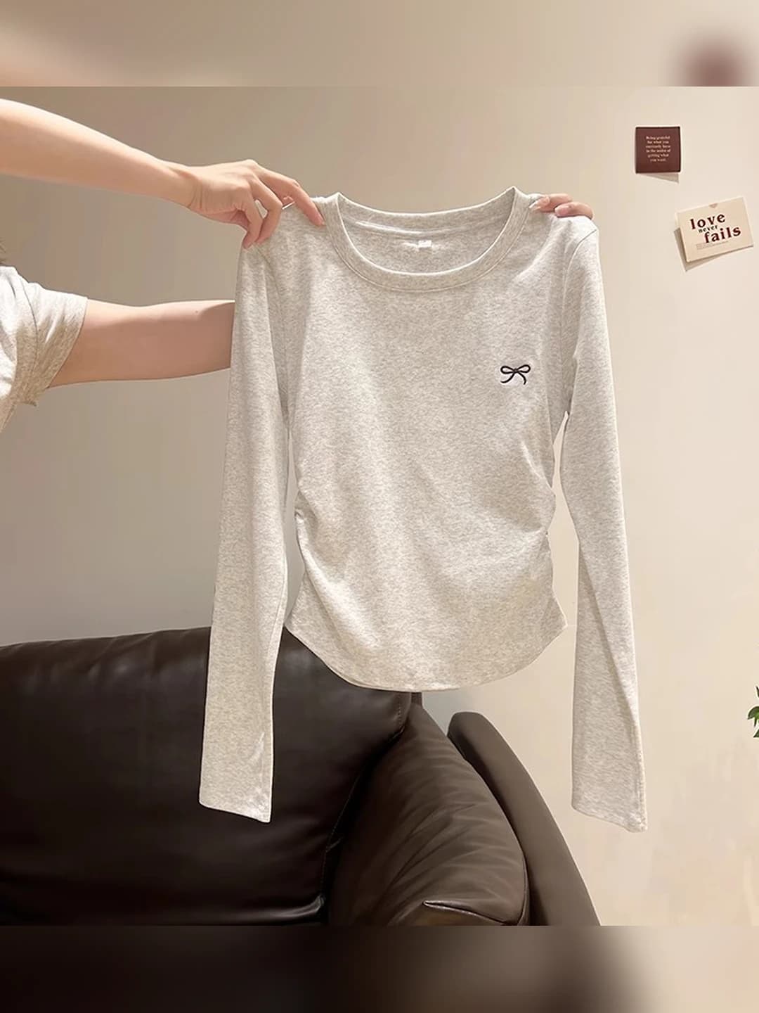 Women's spring-autumn long-sleeve long-sleeve base top, petite, slim fit, slimming, crew neck, solid colour, embroidered