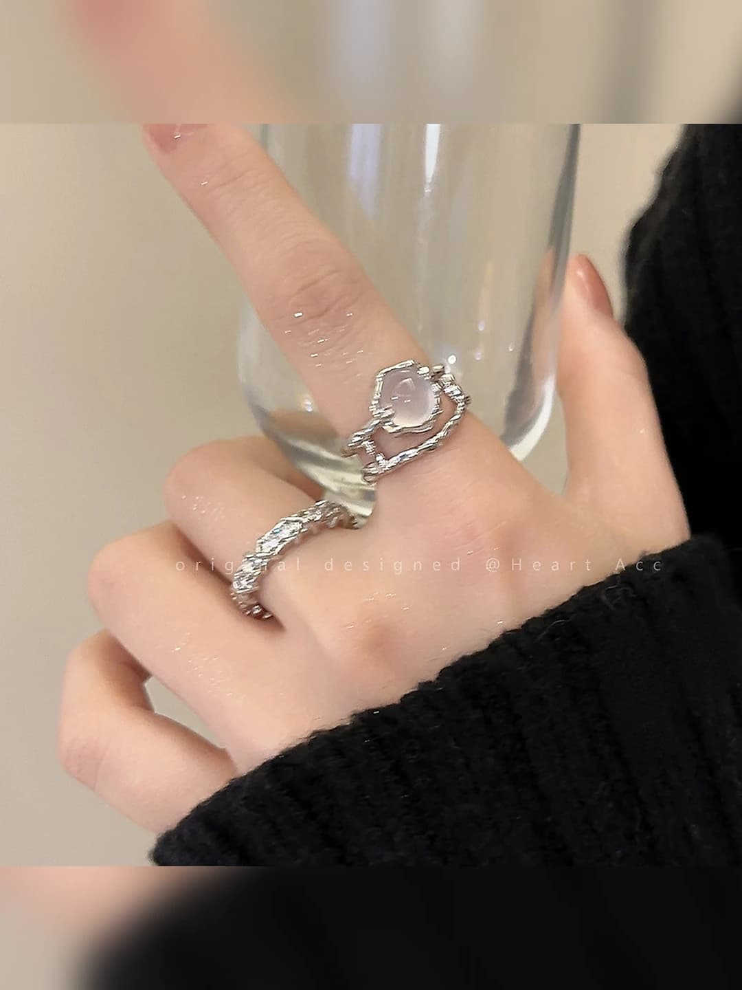 Women's two-piece moonstone and diamond ring, French style, simple band for index finger