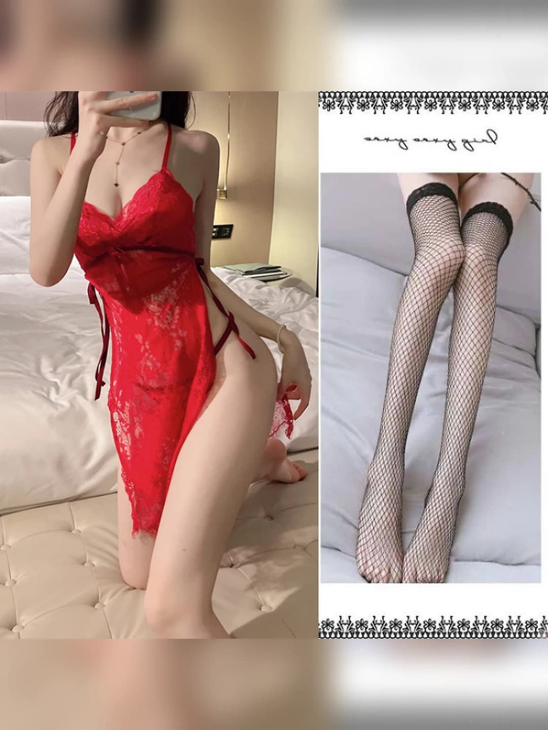 Red nightgown + T-thong + Black fishnets