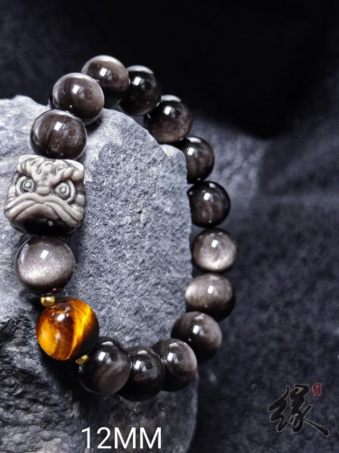 Kumush obid asad oq obsidian 12mm+Tiger eye