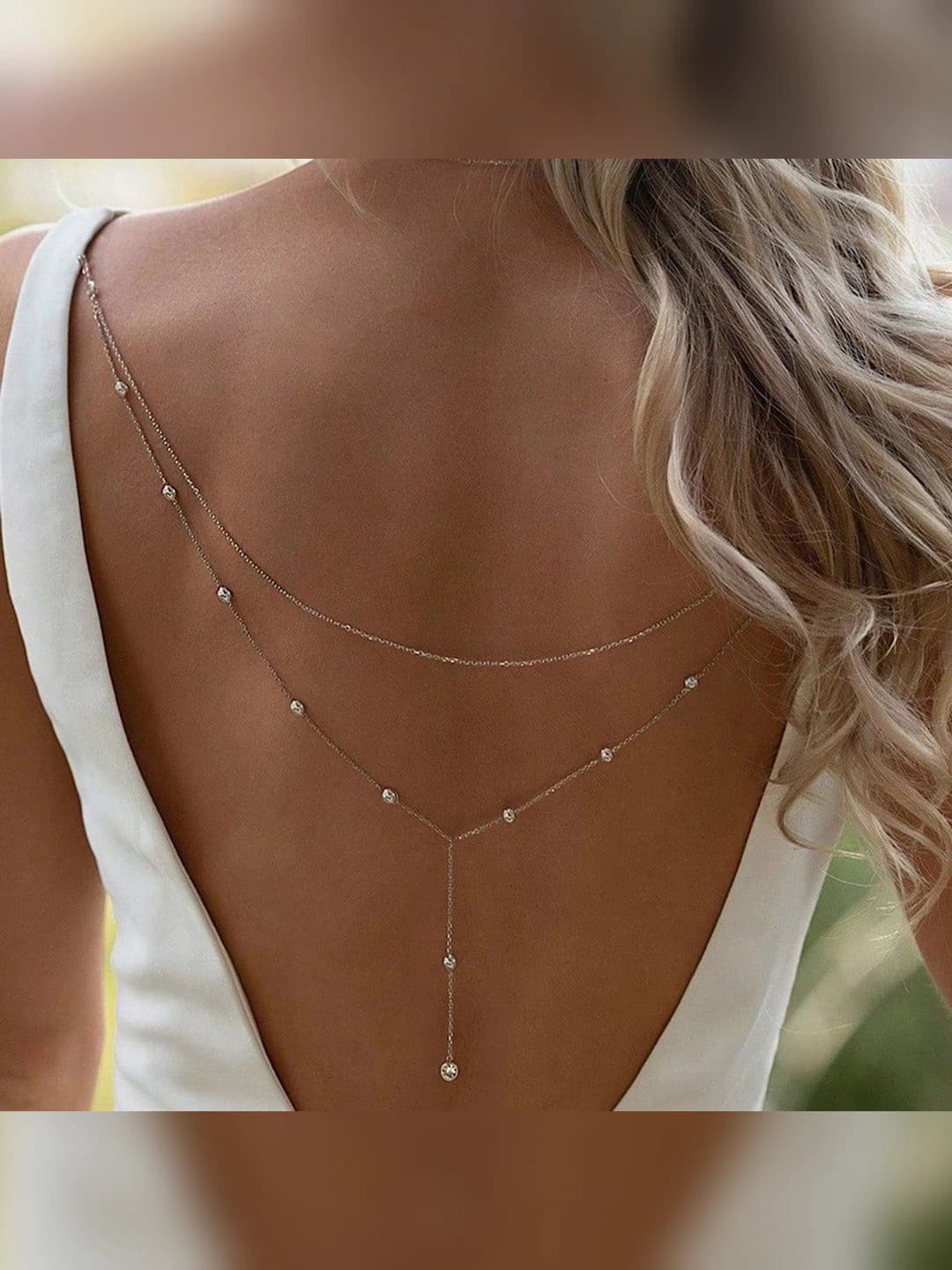 Women's multi-layer back chain with rhinestones and pearls, teardrop pendant