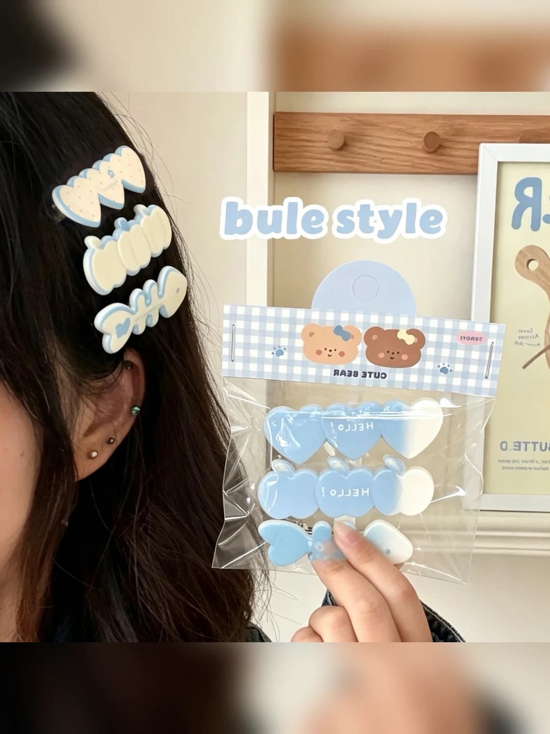 Women's hair clips: cream blue fishbone apple heart hair clips, handmade, for side parting