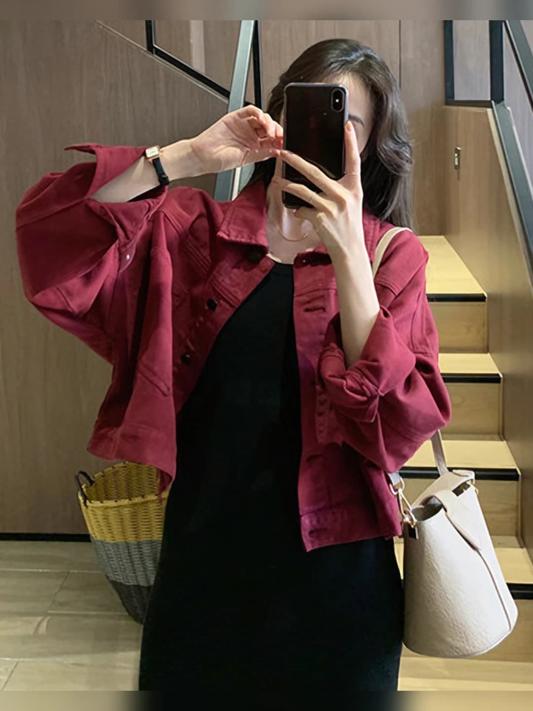 Women's Korean style thin loose fit cropped denim jacket, solid colour, long sleeve, lapel collar, spring-autumn