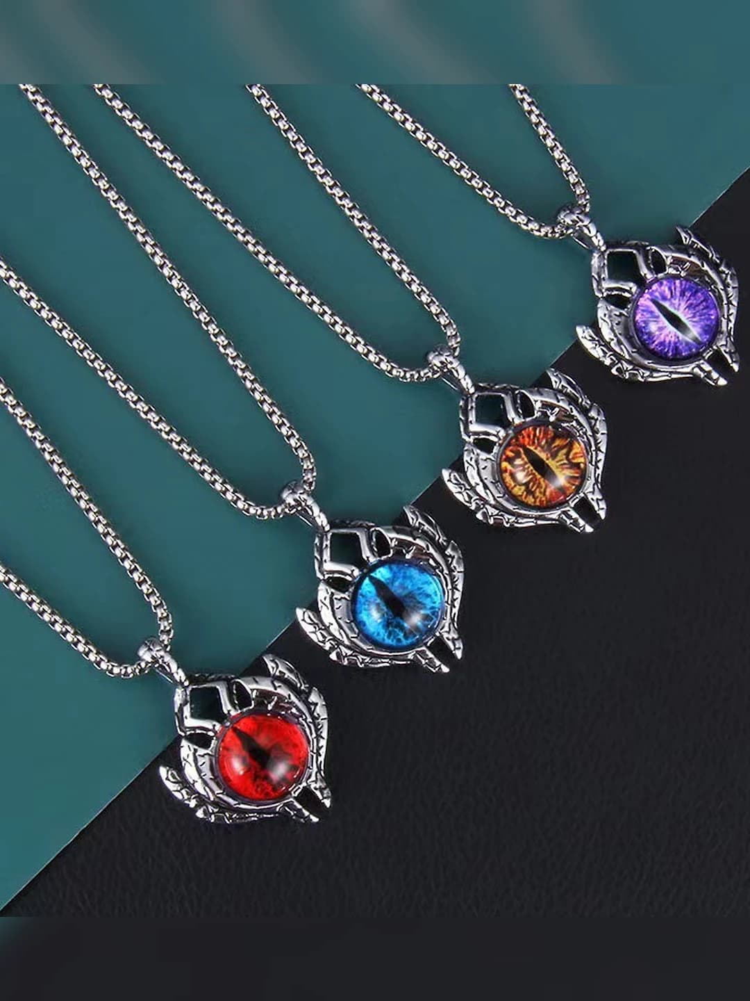 Women's retro evil-eye pendant necklace with alloy charm on twisted cable chain made of stainless steel
