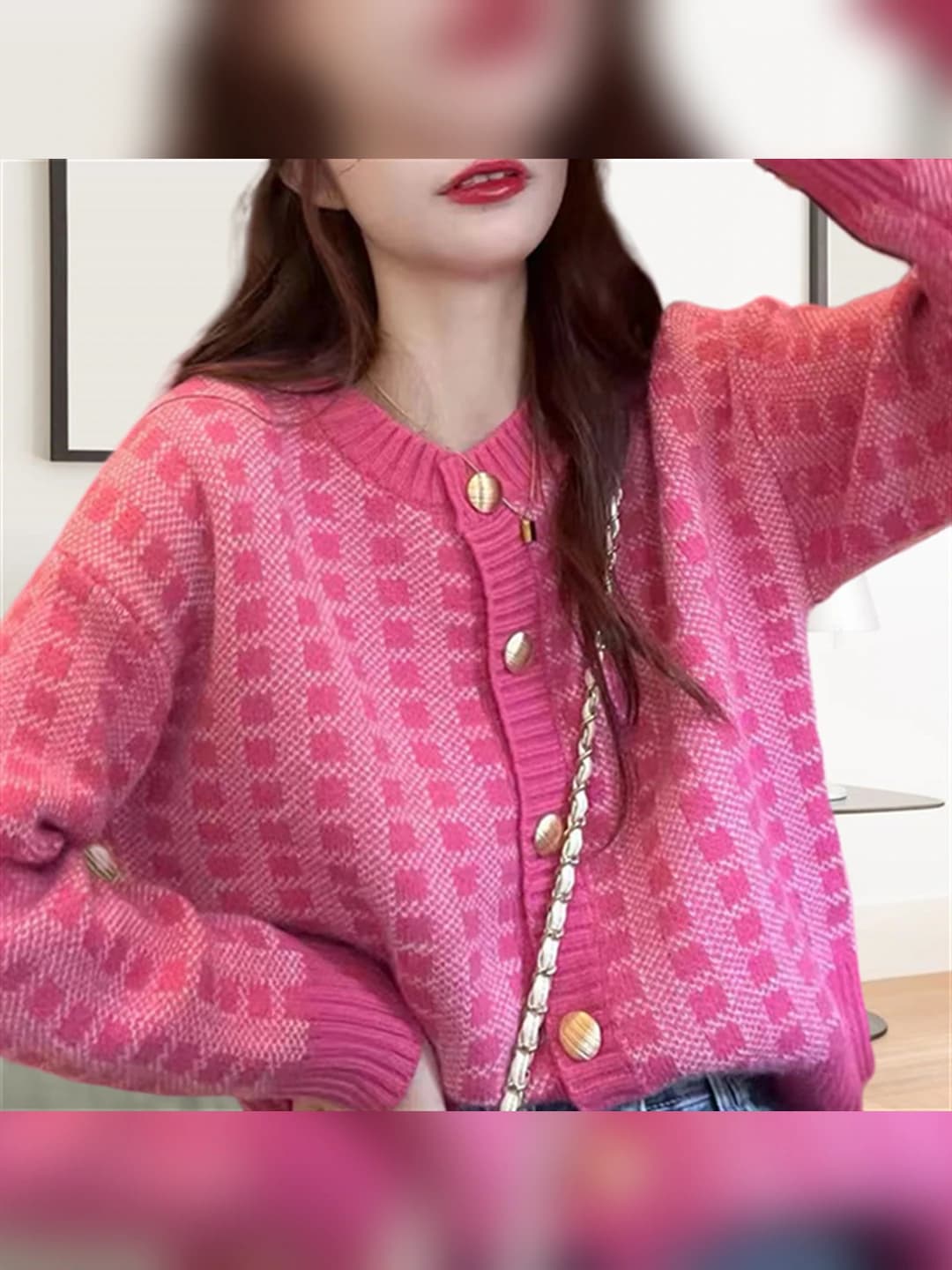 Women's 2026 spring-autumn pink checked loose fit knit cardigan, long sleeve, crew neck, slimming