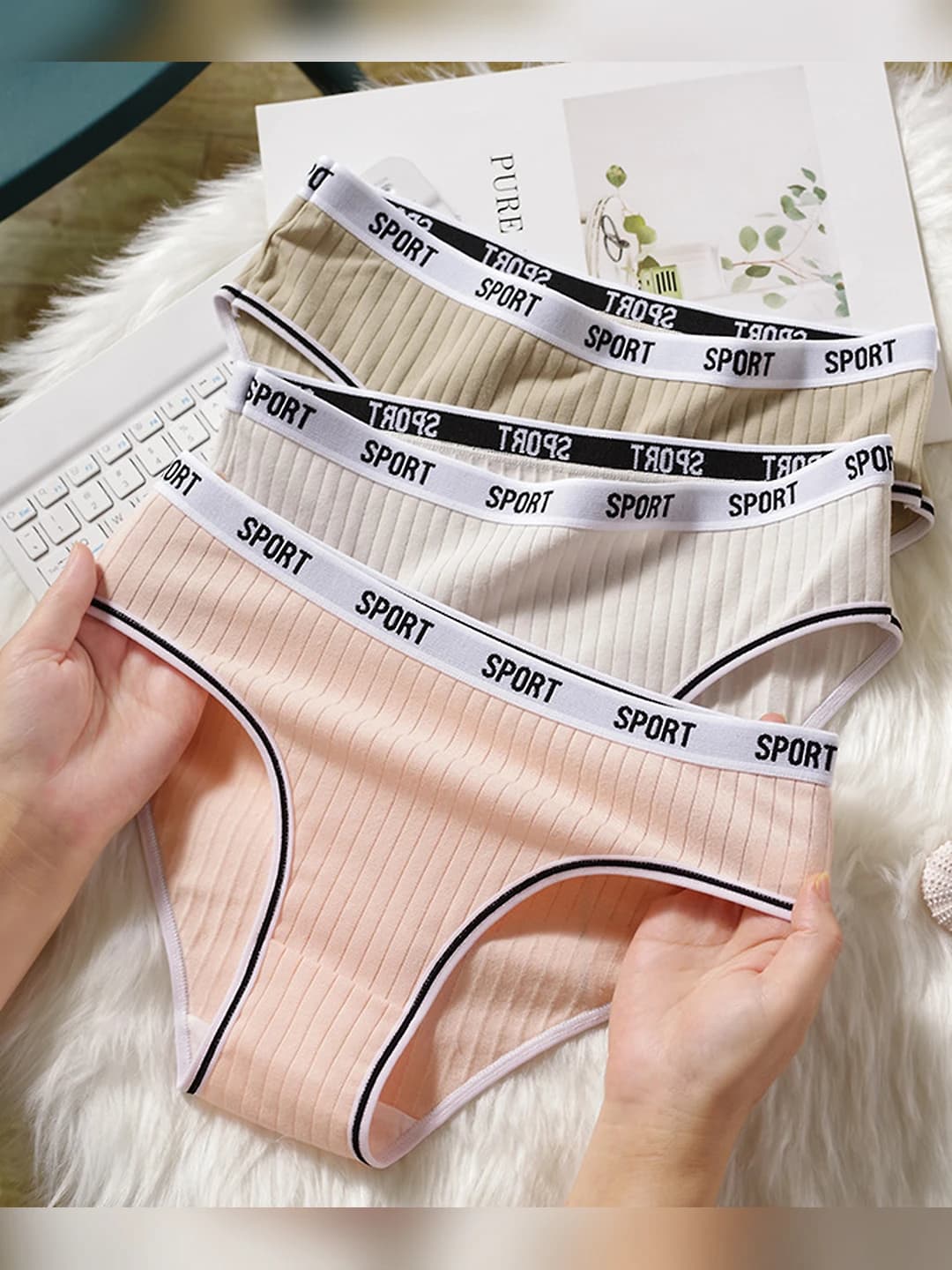 Women's pure cotton briefs, mid-waist, letter pattern, sports, plus size