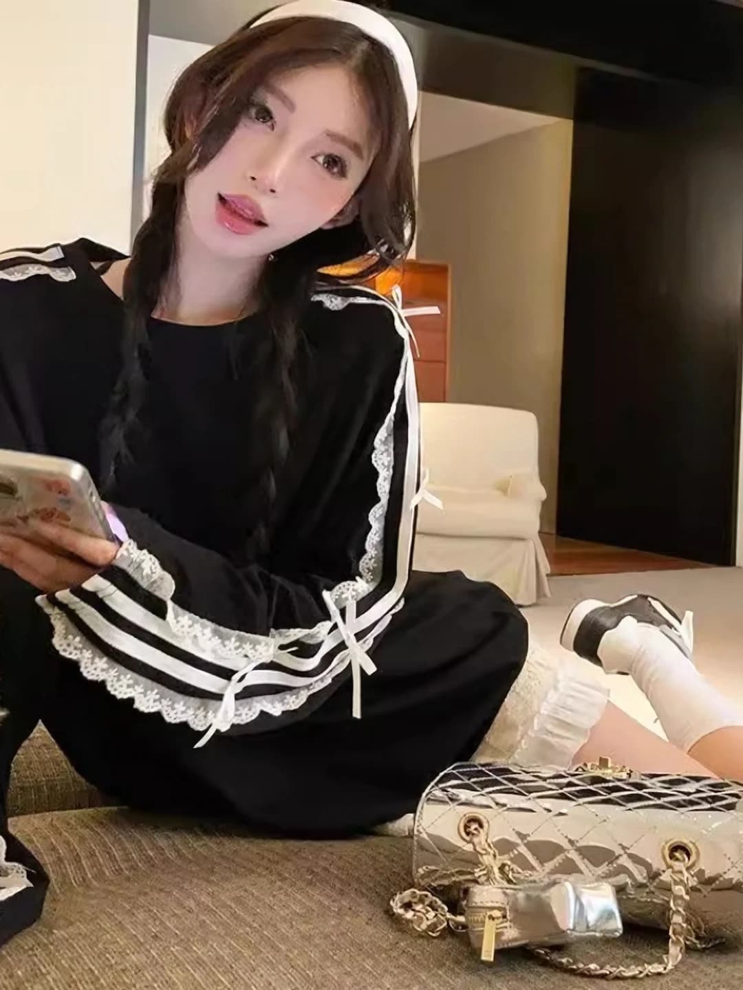 Women's lace patchwork crew neck long sleeve longsleeve, mid-length, loose fit, solid colour, 2026 spring-autumn