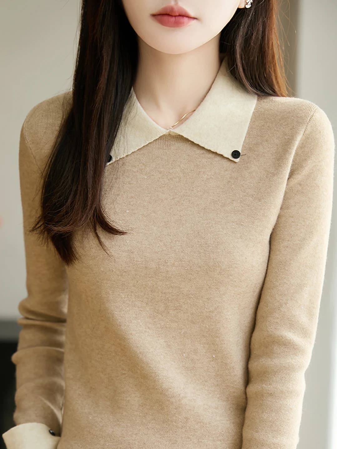 Women's spring-autumn preppy style knit pullover sweater with lapel collar, long sleeve, slim fit