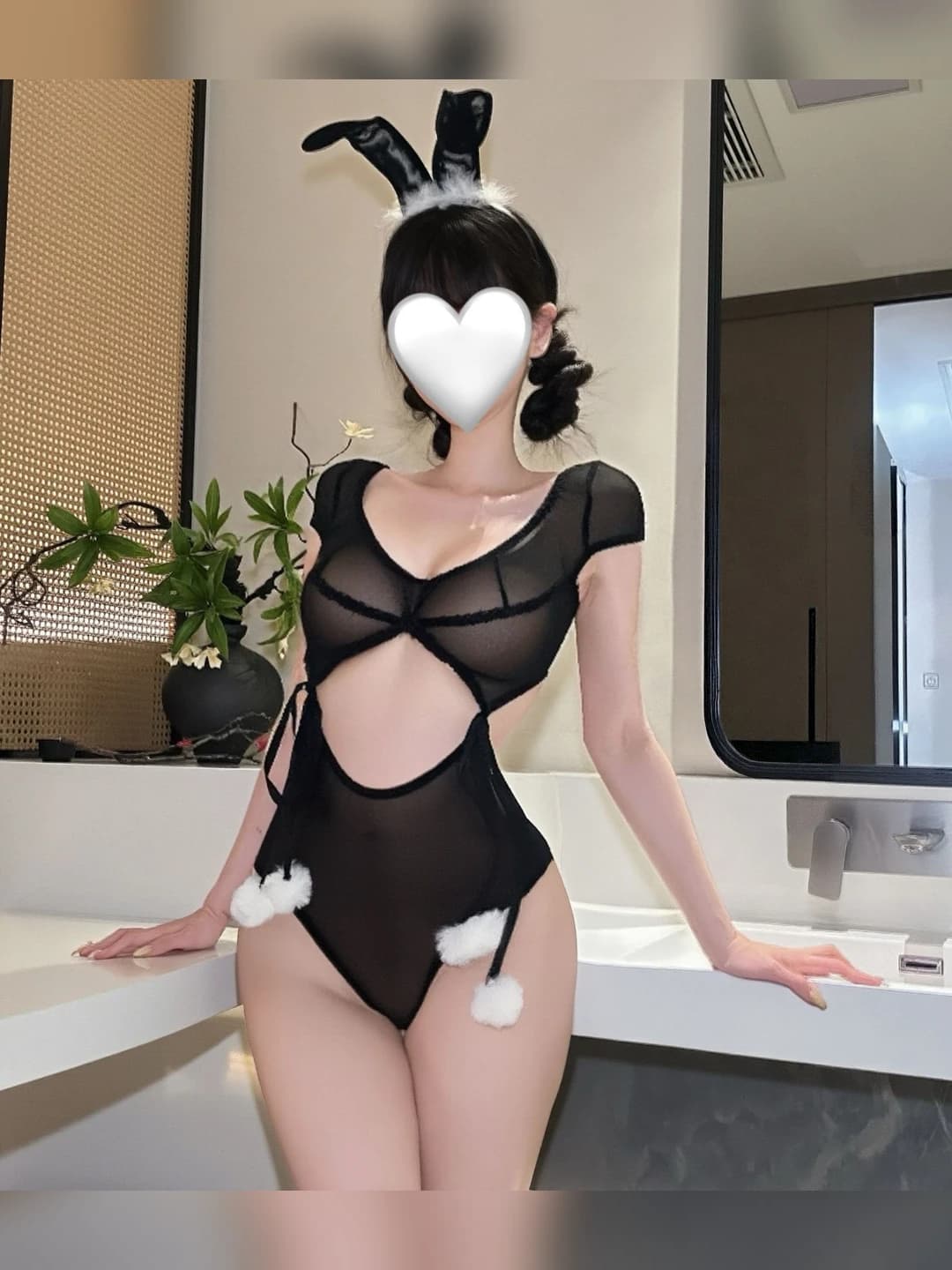 Women's erotic bunny-girl mesh bodysuit costume