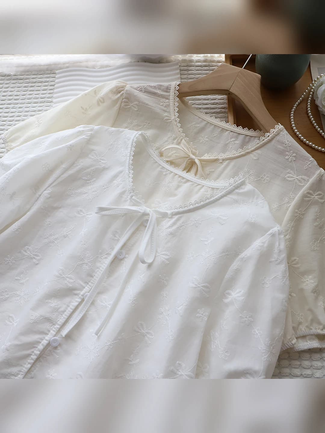 Women's 2026 Korean style crew neck short sleeve puff sleeve jacquard tie loose fit blouse