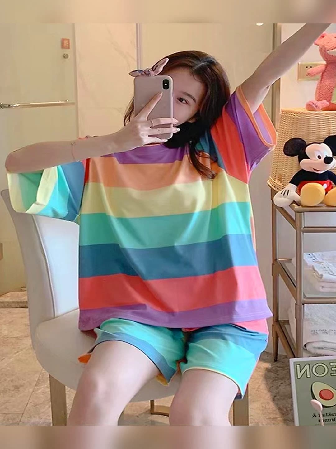 Women's summer pajama set: short sleeve top and shorts, thin, crew neck, stretch, breathable, casual, loungewear, plus size