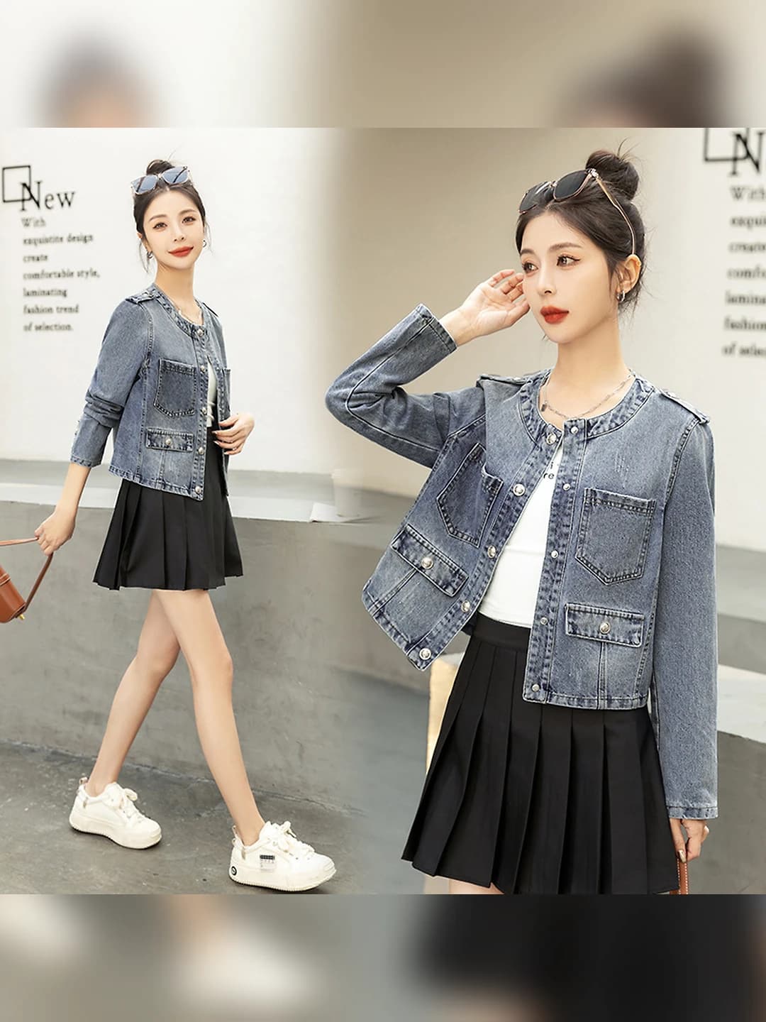 Ayollar uchun bahor-kuzgi past bo'ylilar uchun kalta denim kurtka, bo'sh (oversize) kesim, uzun yeng, POLO yoqa, kurtka