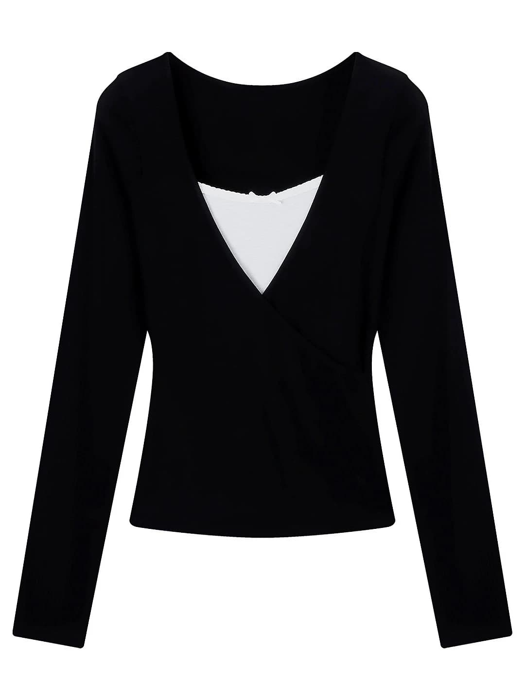 Women's black long-sleeve base top with V-neck, slim fit, solid colour, casual style