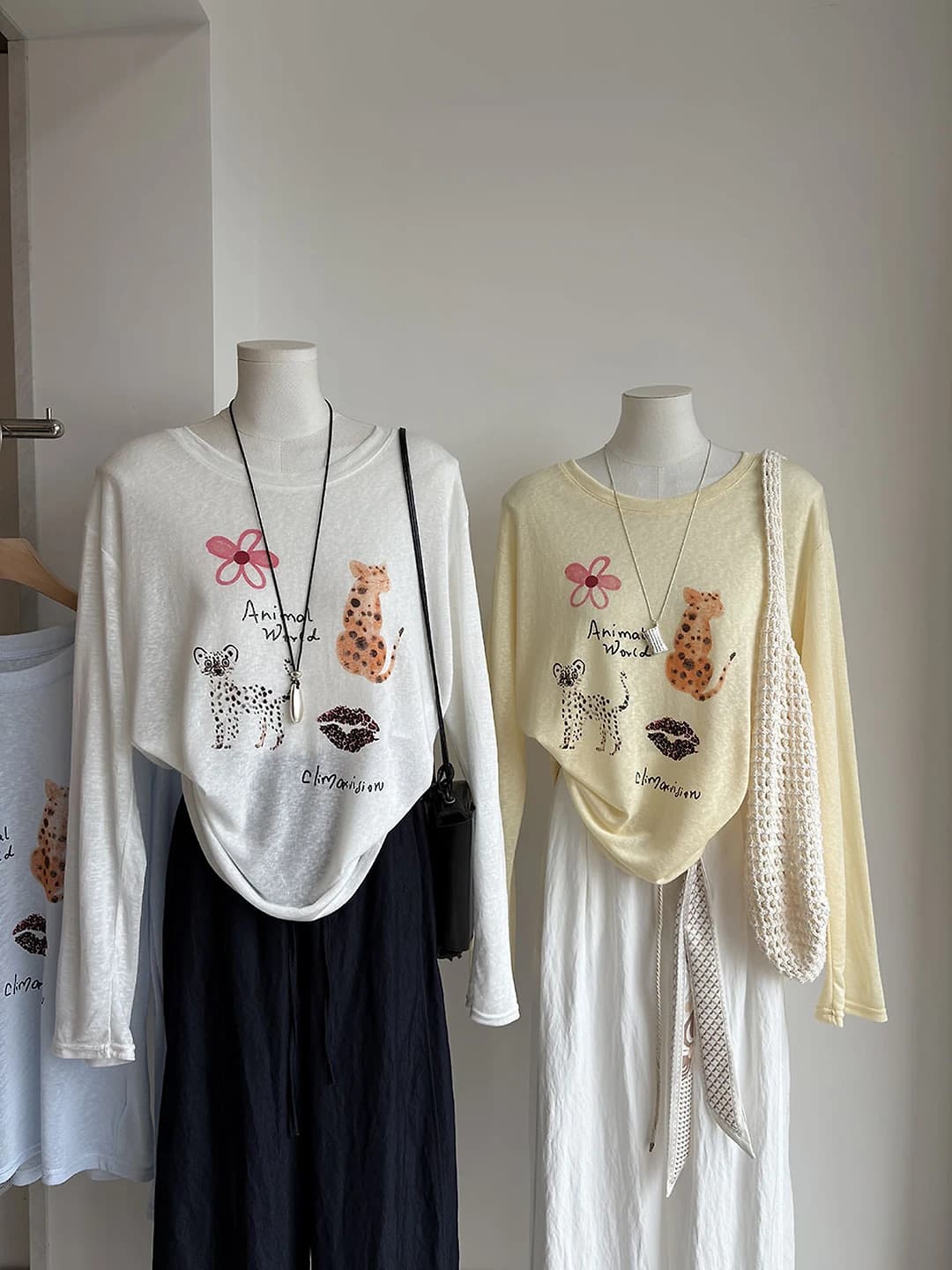 Women's summer thin sun-protective Korean style crew neck printed loose fit long sleeve t-shirt