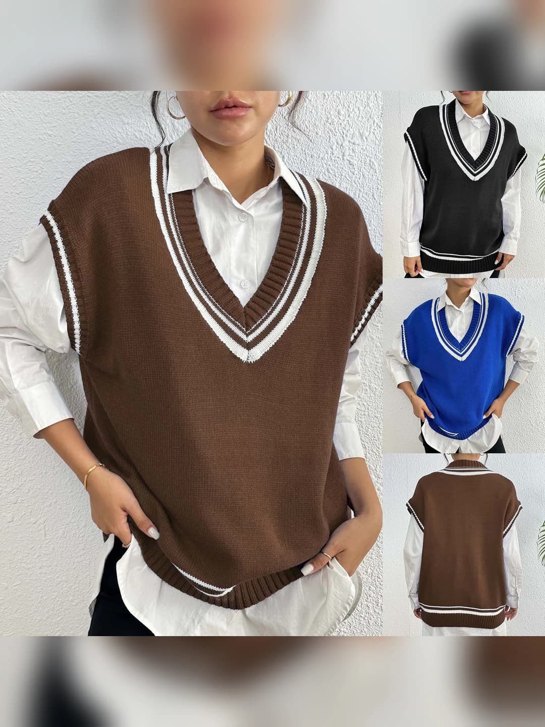 Ayollar uchun preppi uslubdagi chiziqli va katakli V-yoqali bo'sh (oversize) sviter jilet