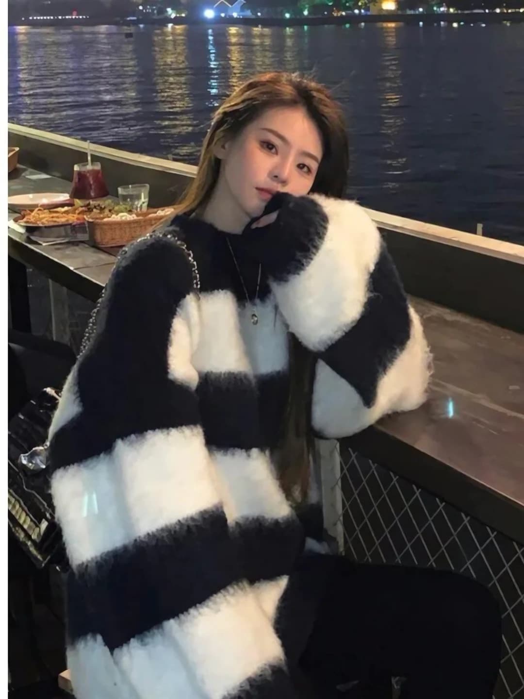 Women's striped sweater in faux mink, Korean style, loose fit, slimming, mid-length, long sleeve, crew neck