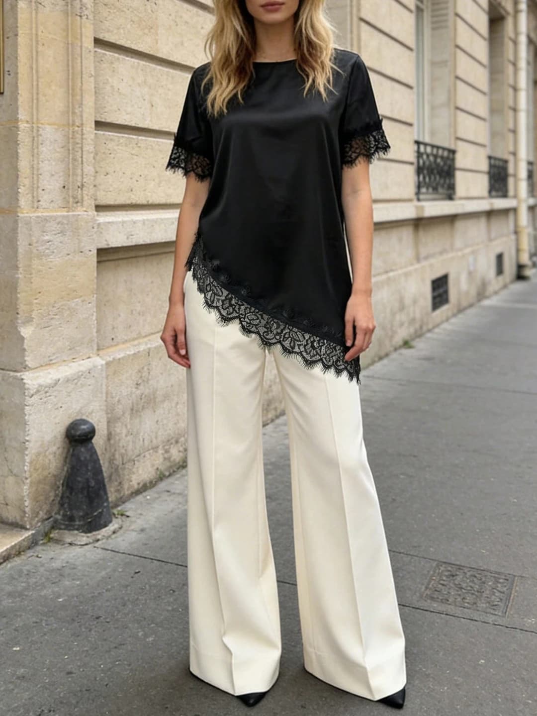 Women's lace-trimmed short-sleeve loose fit t-shirt, summer 2026