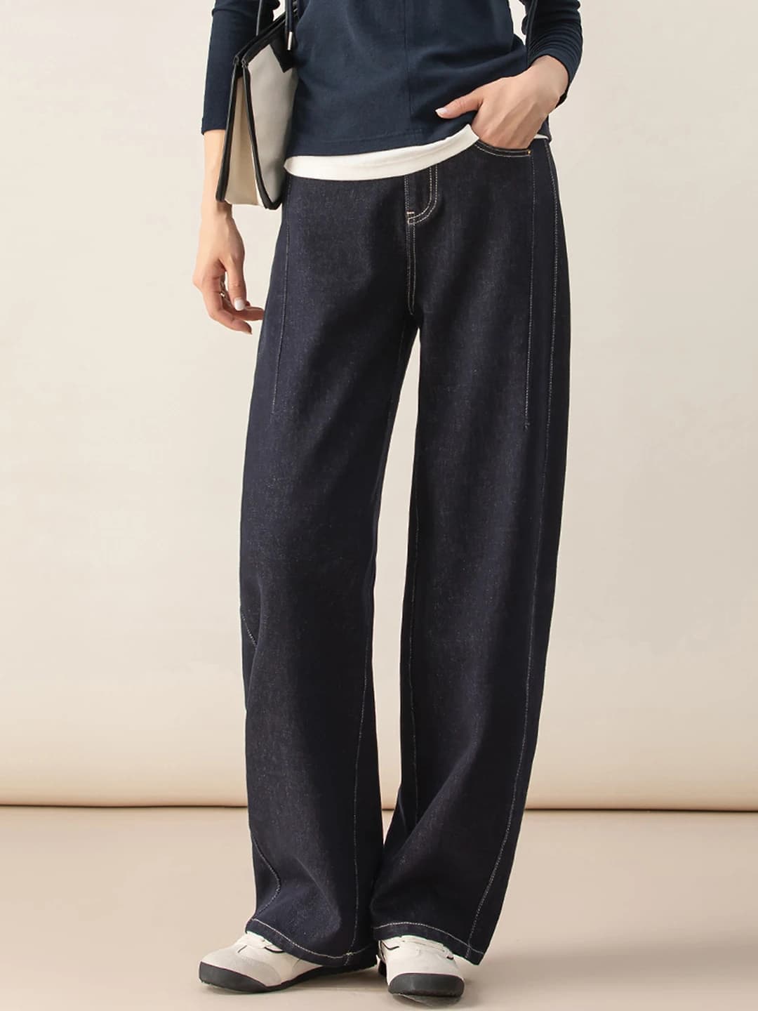Ayollar uchun retro keng jinsi shim, baland bel, 2026 kuz, bo'sh (oversize) kesim