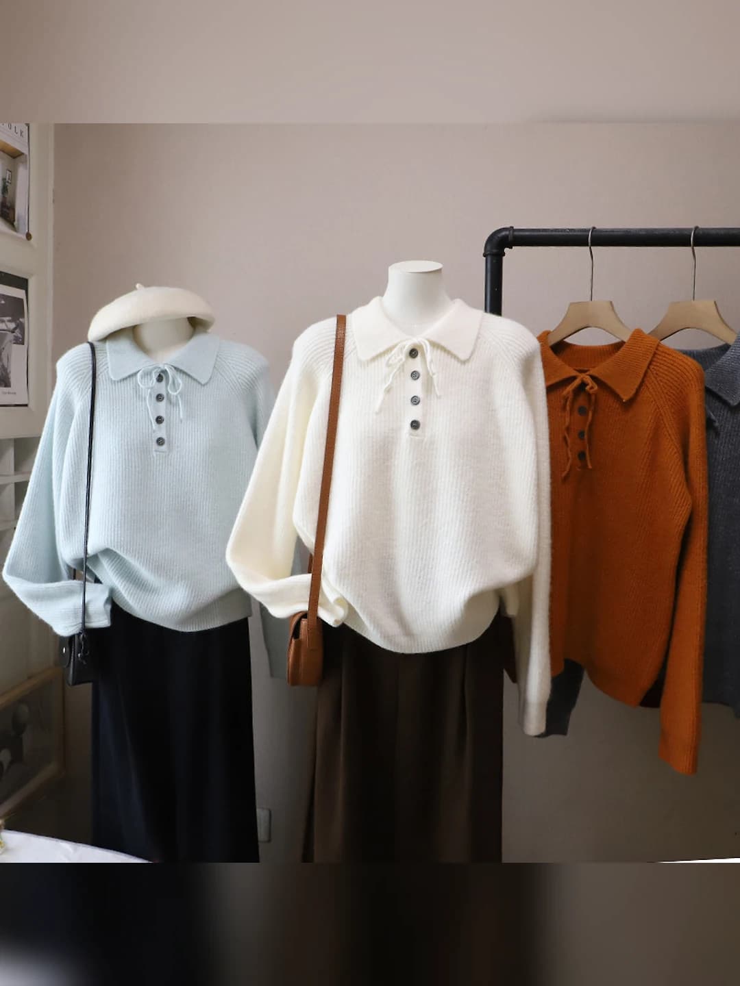 Women's Korean style autumn-winter 2026 solid colour thick loose fit slimming long sleeve raglan collar tie sweater