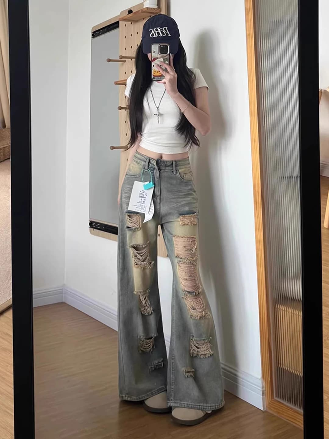 Women's retro distressed wide and flared jeans, summer, high waist, slimming, straight cut, trousers