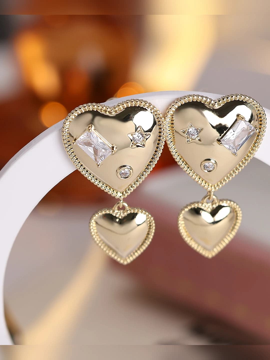 Women's light luxury double heart zircon earrings