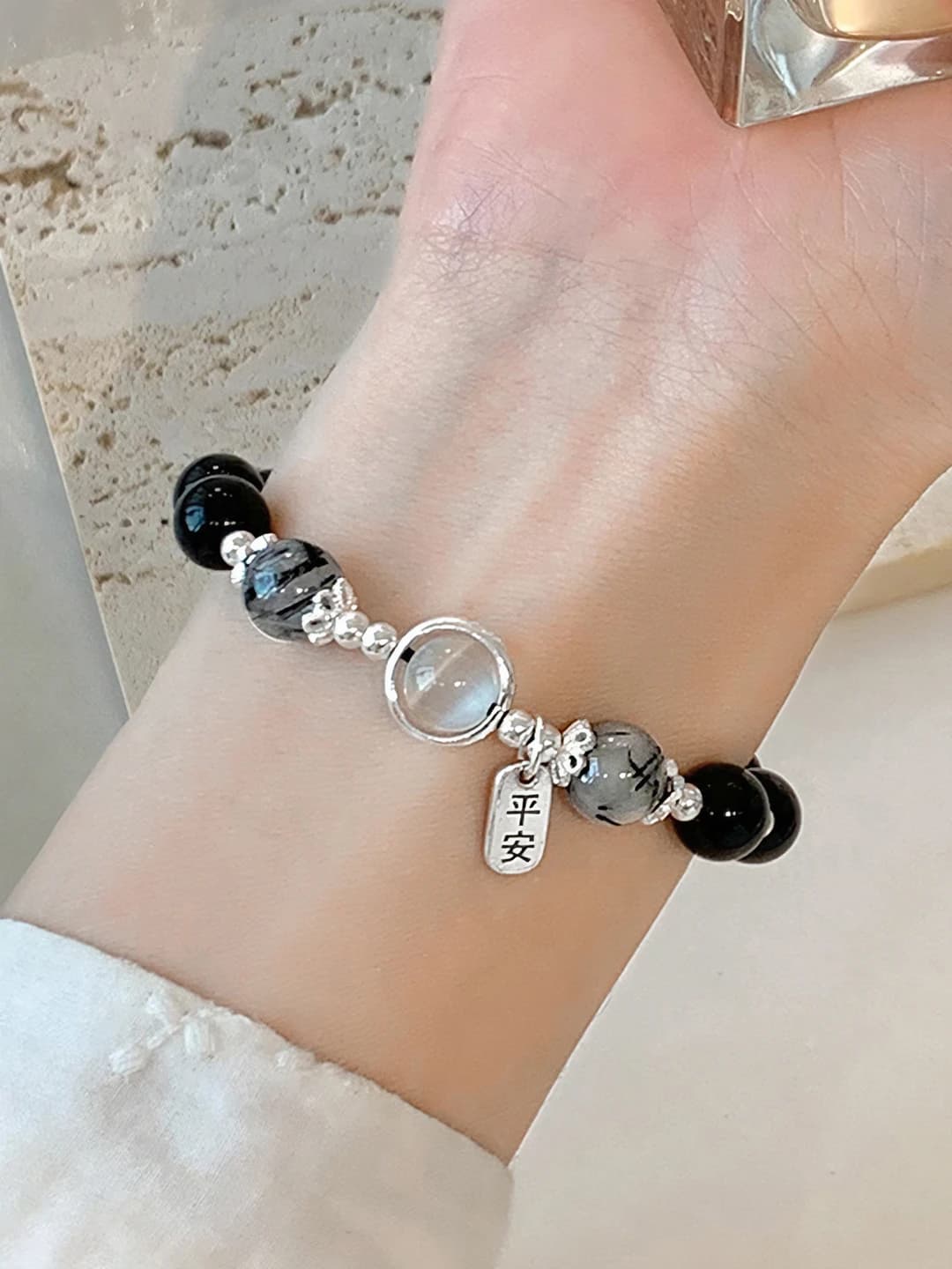 Obsidian bracelet for women, retro, japanese-korean style, handmade, mixed material