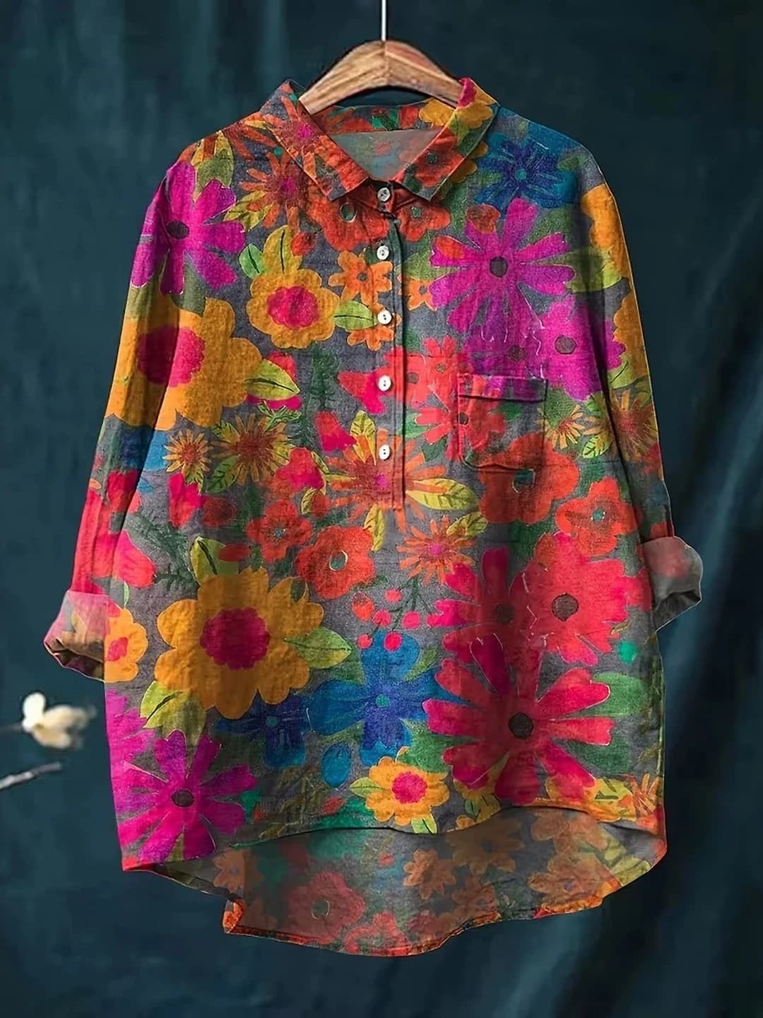 Ayollar uchun bahor bosma naqshli ko'ylak-shirt, uzun yeng, qaytarma yoqa, bo'sh (oversize) kesim, retro uslub, kundalik