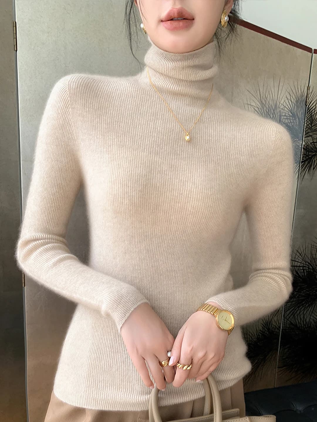 Women's wool turtleneck, high neck, slim fit, long sleeve, thick, knit sweater