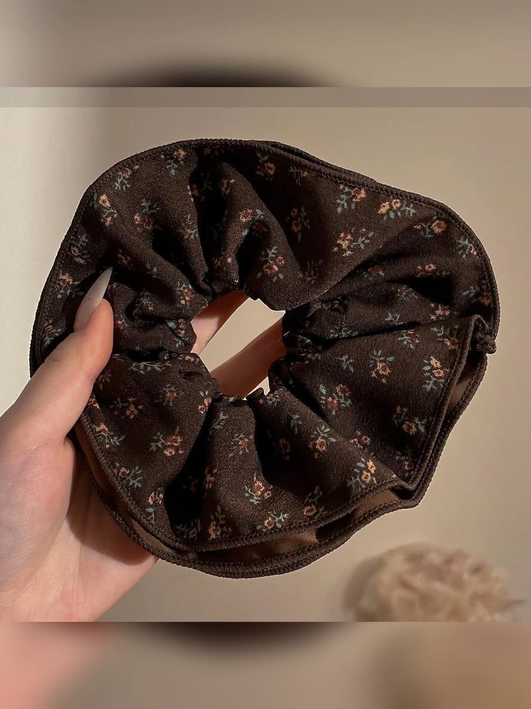 1# Floral brown 4-layer large hair tie ~16 cm