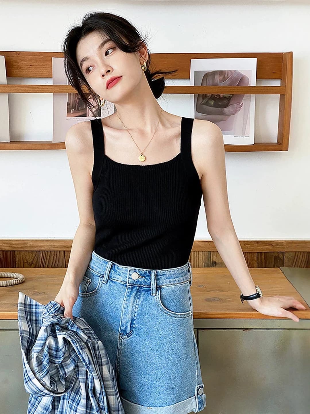 Women's black knitted tank top, square neck, sleeveless, summer, A-line fit, solid colour