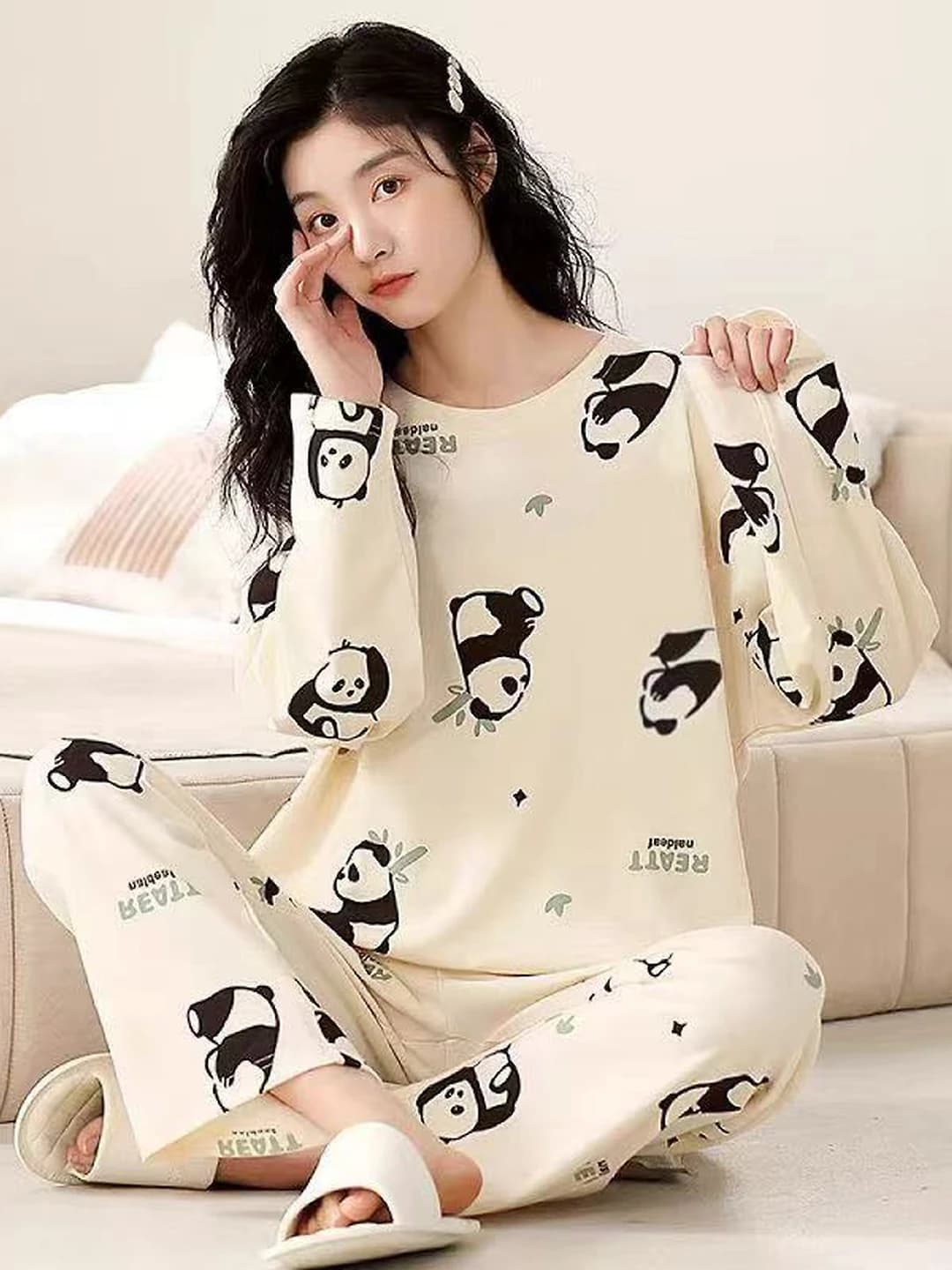 Ayollar uchun 2026 pijama to'plami, katta o'lcham 5XL, bo'sh (oversize), yupqa, dumaloq yoqa, uzun yeng, uzun shim, karton gullar, tashqariga kiyiladi