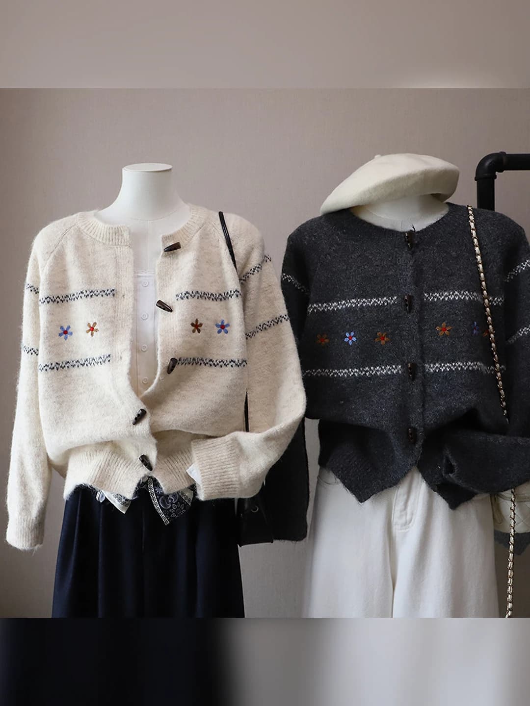Women's 2026 autumn-winter Korean style crew neck cardigan with floral pattern, thick, loose fit, long sleeve
