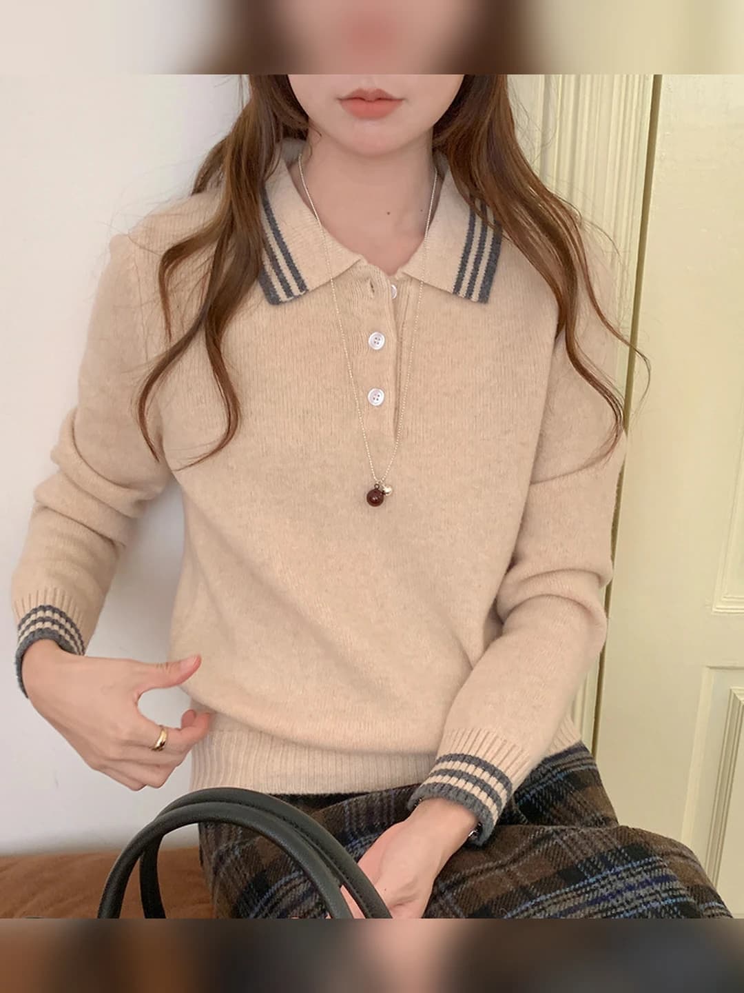 Women's 2026 autumn-winter knit top, lapel collar, striped, loose fit, 95% wool, long sleeve, three-button closure