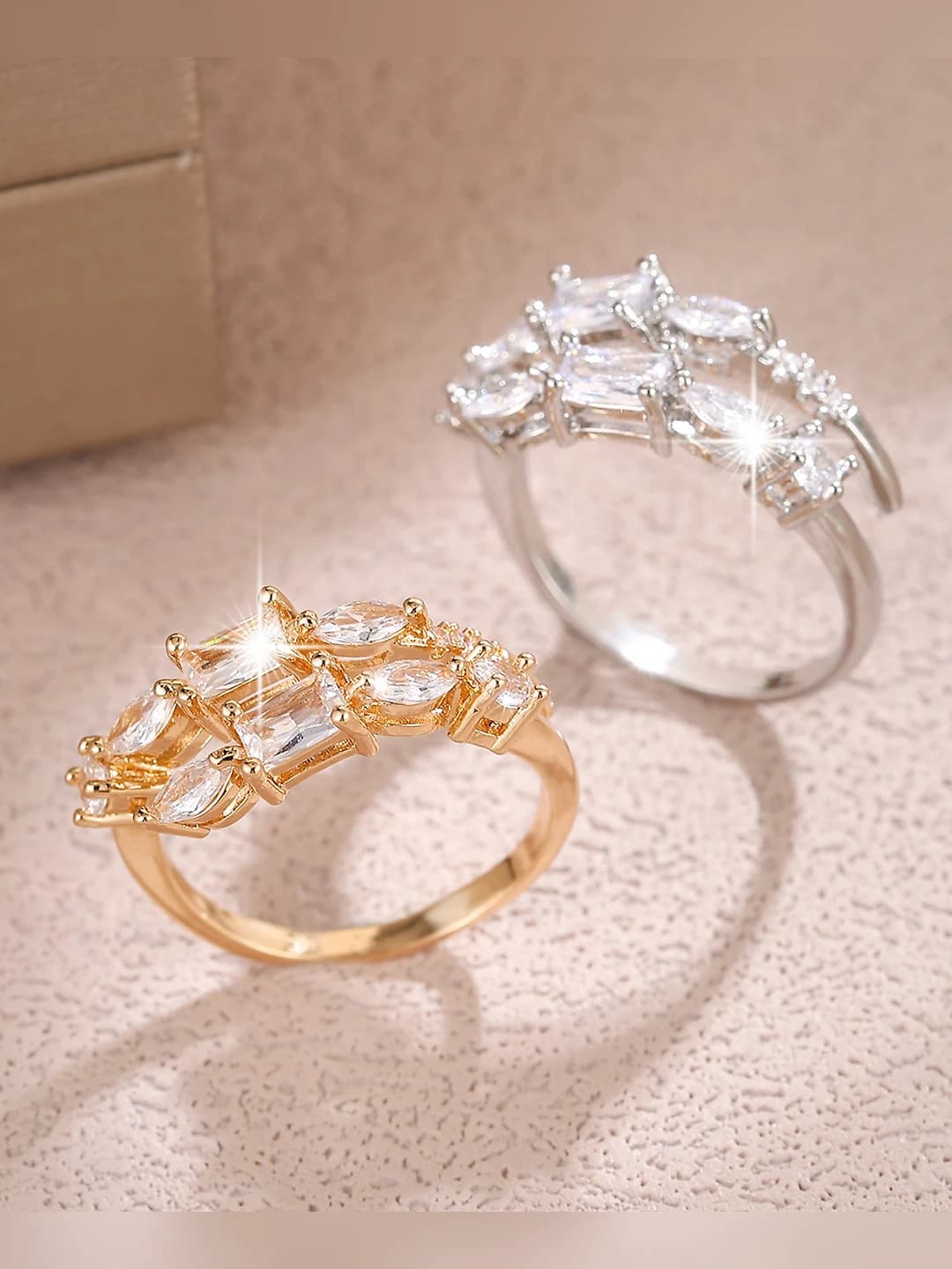 Women's open ring with geometric design element, copper and zircon, fashionable style