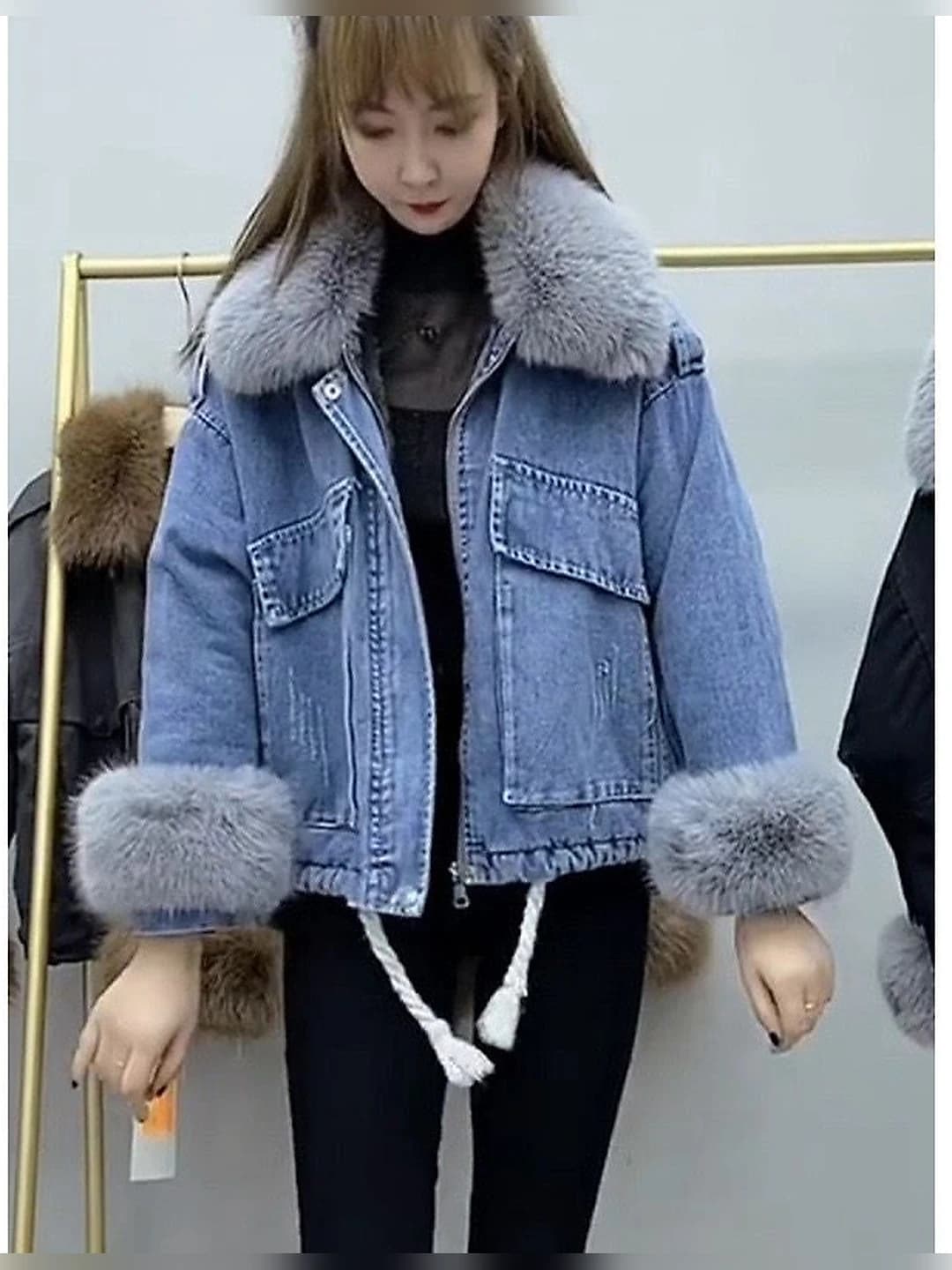 Blue padded jacket with fur