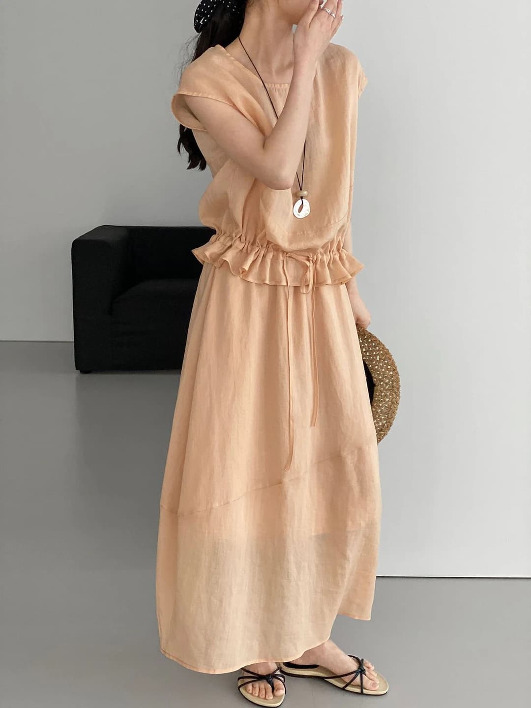 Women's two-piece casual set: sleeveless tank top and skirt, ramie and lyocell fabric, summer
