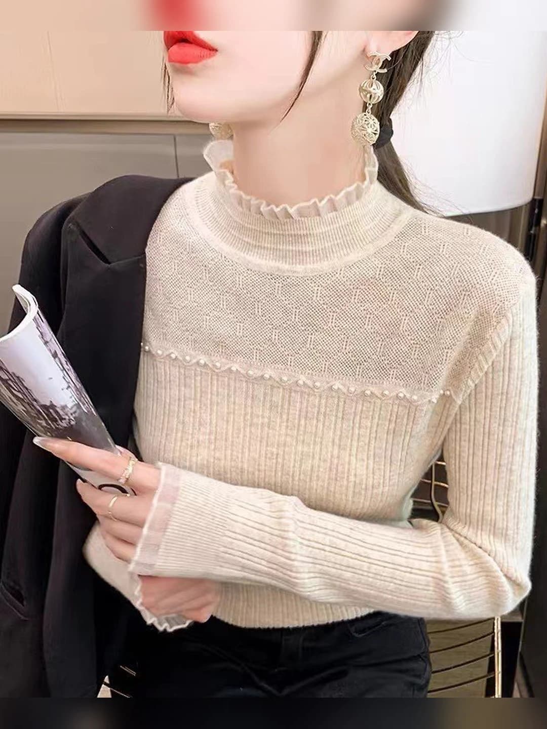 Women's knitted top with lace and ruffle trim, mock neck, long sleeve, solid colour, slim fit