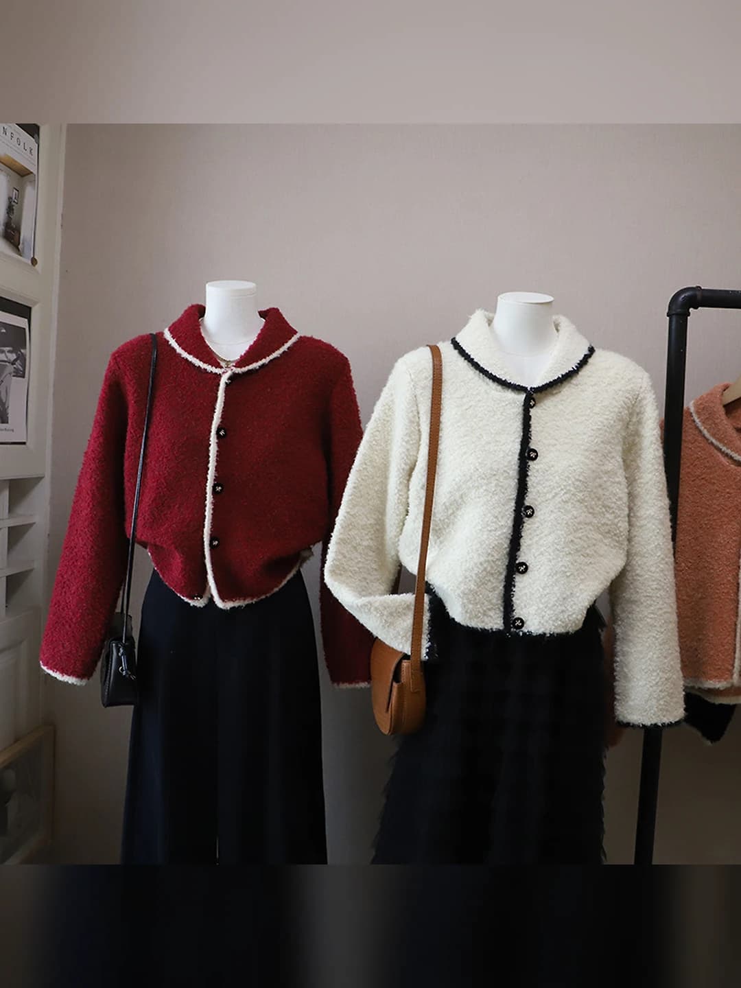 Women's 2026 autumn-winter Korean style retro slimming cropped cardigan, long sleeve, color block