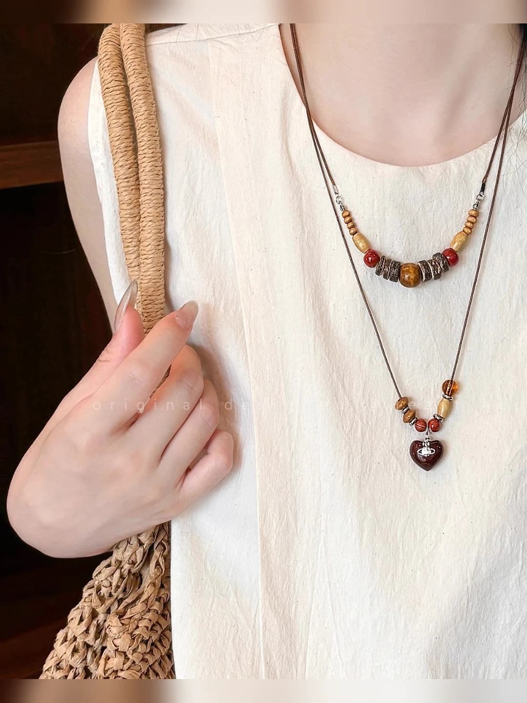 Women's long wooden beaded chain necklace in retro style