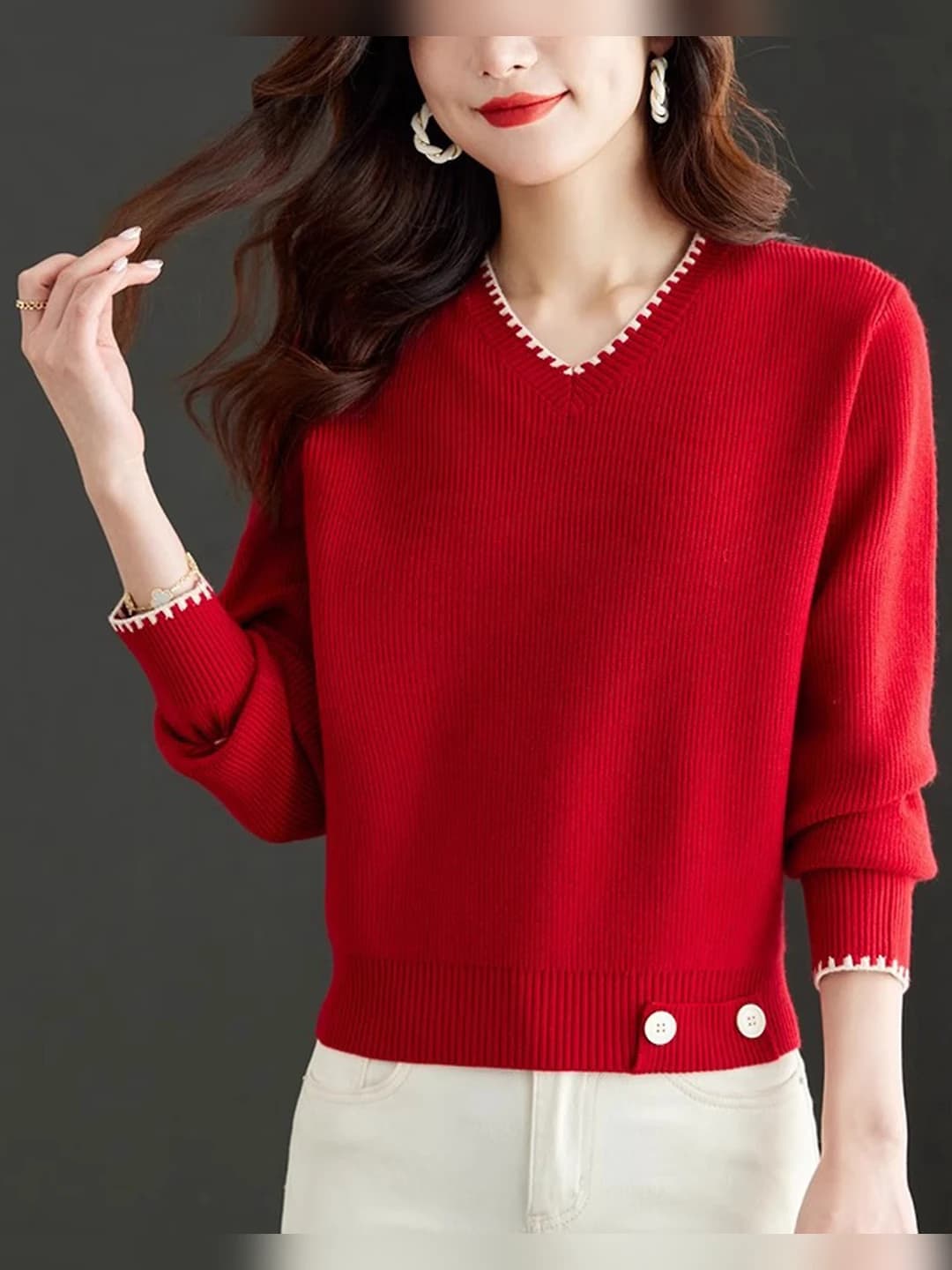 Women's V-neck pullover sweater, petite, 2026 autumn-winter, thickened, loose fit, solid colour, long sleeve