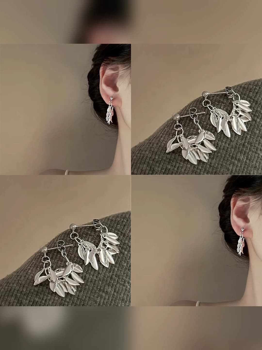 Women's silver leaf-shaped stud earrings with tassels in retro style