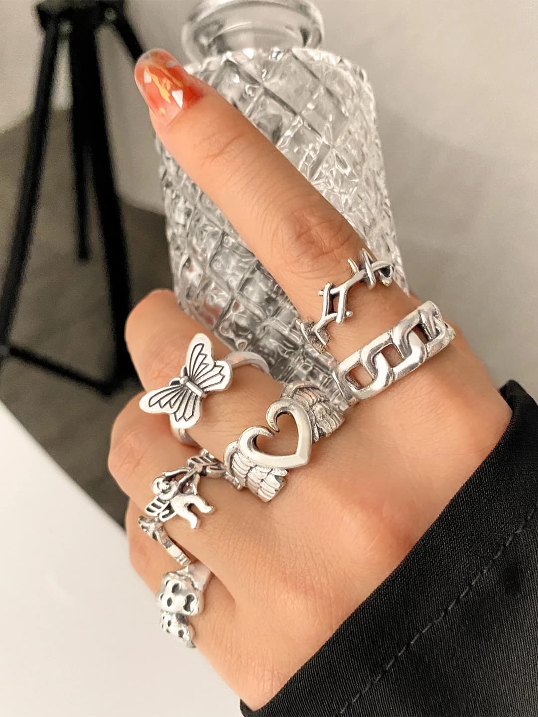 Women's retro heart and butterfly rings, 6-piece set, Korean style, cold style