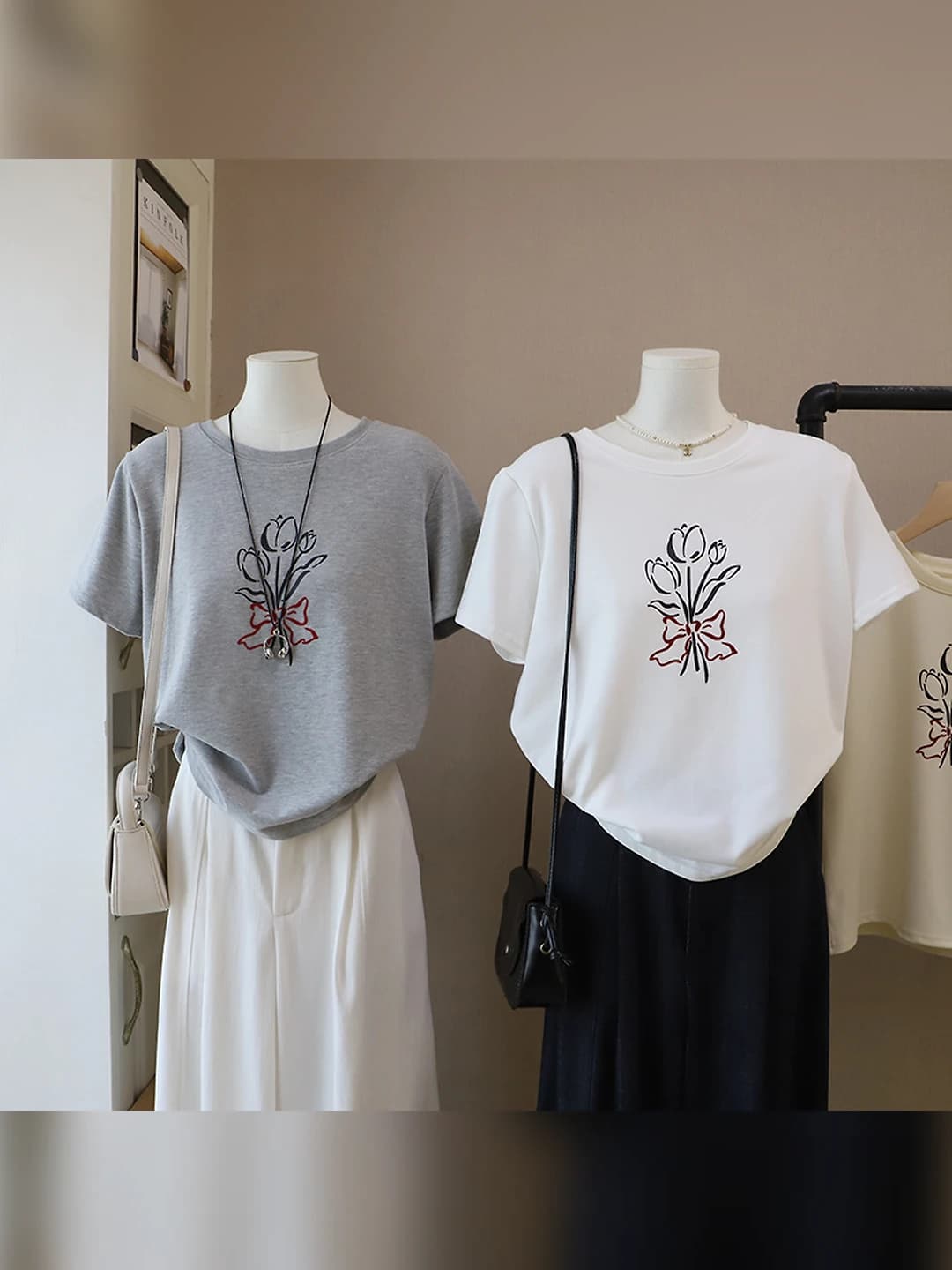 Women's Korean style spring-summer t-shirt: pure cotton, crew neck, short sleeve, printed, casual style