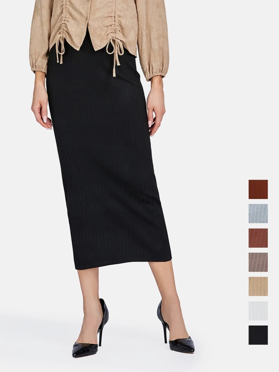 Women's mid-length solid colour stretch skirt, 95% viscose and less than 30% elastane, non-iron