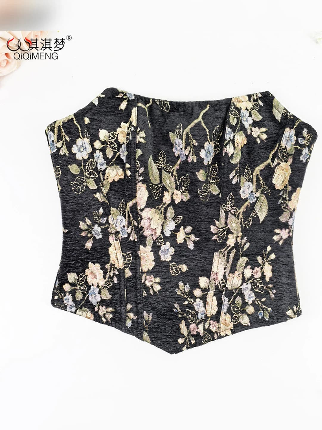 Women's retro floral boned bustier corset top, slim fit, cropped, stretch, outerwear, strapless, double detachable straps, all-season, minimizes bust size