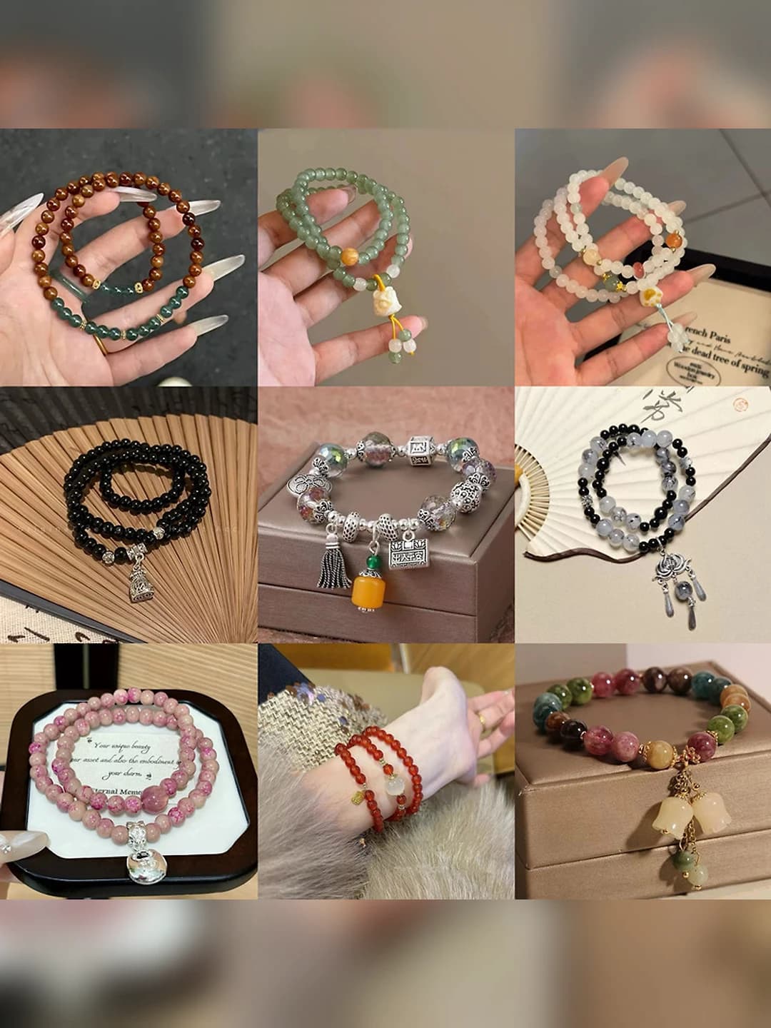 Yangi xitoy uslubidagi shisha va lyuli materialdagi qo'l zingilki, gullar dizayn elementi, qo'lda ishlangan, unisex